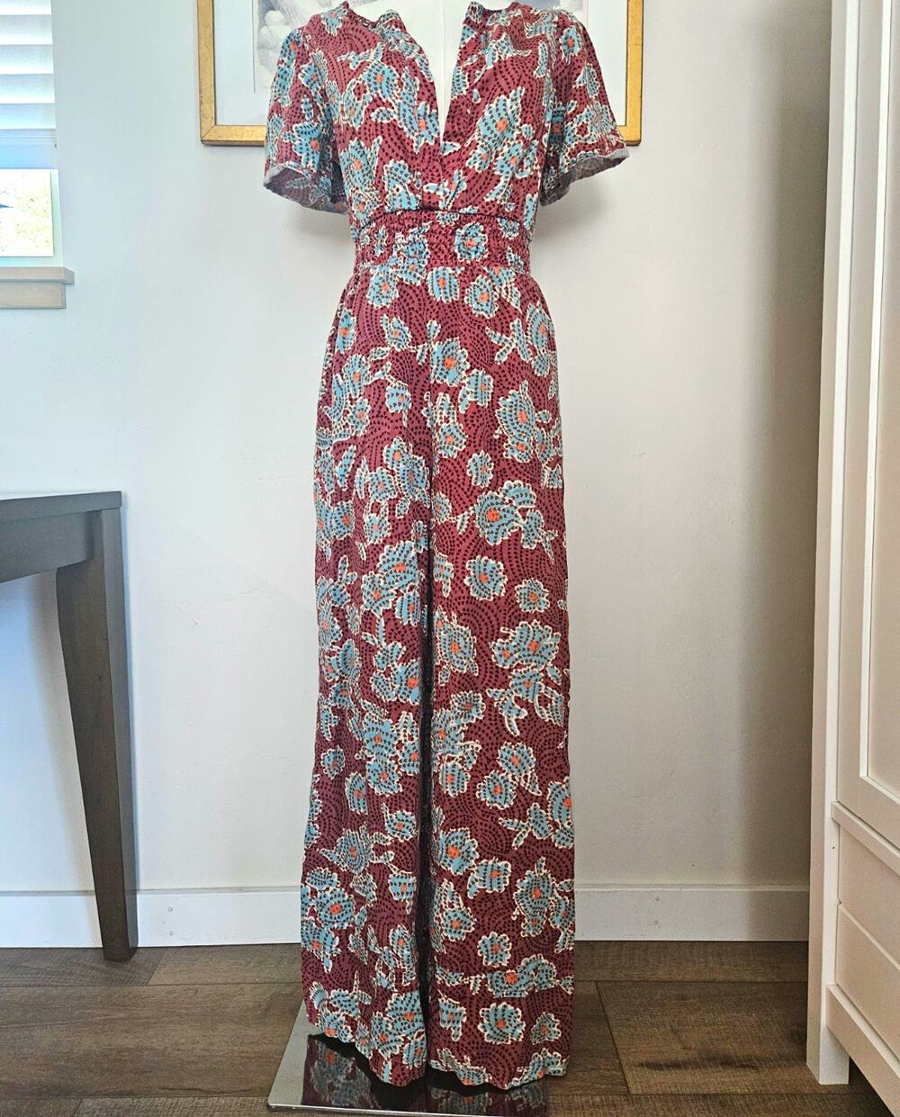 Anthropologie The Somerset Wide Leg Jumpsuit XS Dusty Burgundy Floral Lyocell t